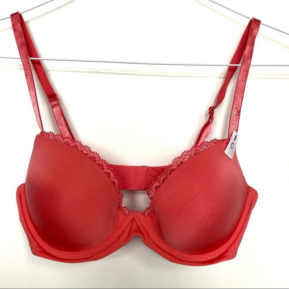 NEW CALVIN KLEIN Soft Salmon Pink Lace Ruffle Underwire Padded Bra 32C - Picture 1 of 5